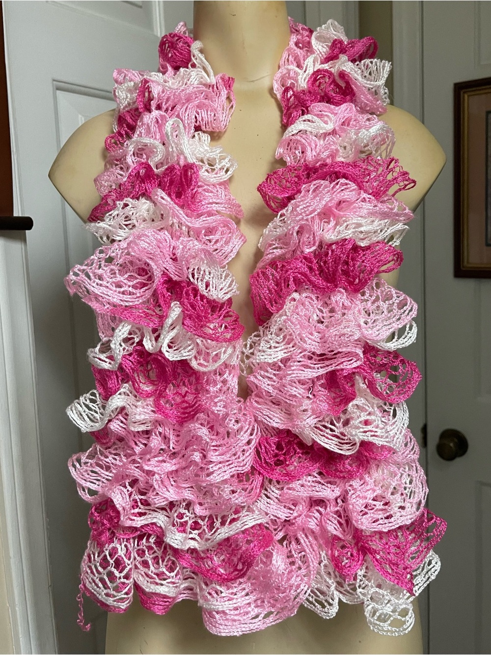 Pink Ruffle Knit Scarf - Gradient Pink and White